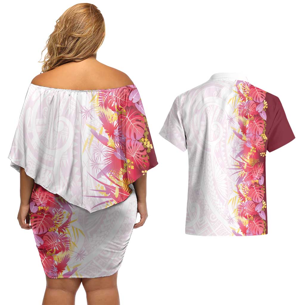 Hawaii Tropical Plant Akala Couples Matching Off Shoulder Short Dress and Hawaiian Shirt Vibrant Polynesian Pattern