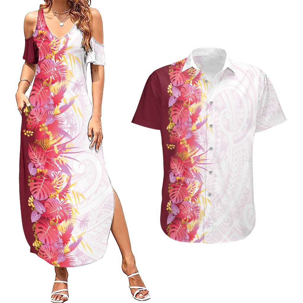 Hawaii Tropical Plant Akala Couples Matching Summer Maxi Dress and Hawaiian Shirt Vibrant Polynesian Pattern
