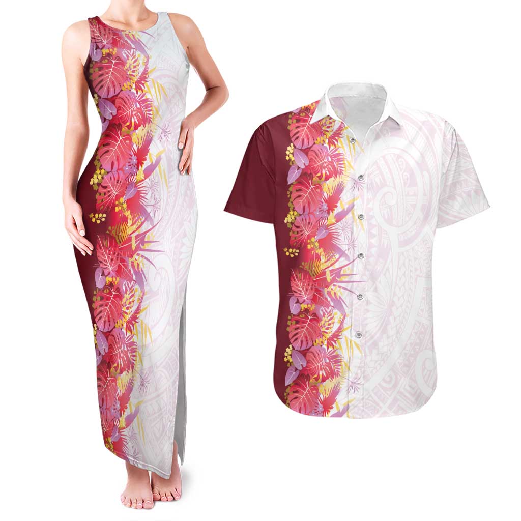 Hawaii Tropical Plant Akala Couples Matching Tank Maxi Dress and Hawaiian Shirt Vibrant Polynesian Pattern