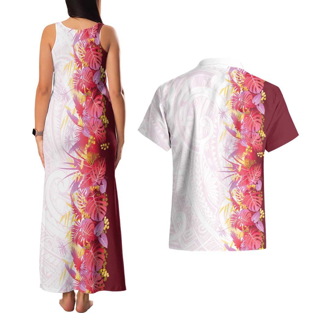 Hawaii Tropical Plant Akala Couples Matching Tank Maxi Dress and Hawaiian Shirt Vibrant Polynesian Pattern