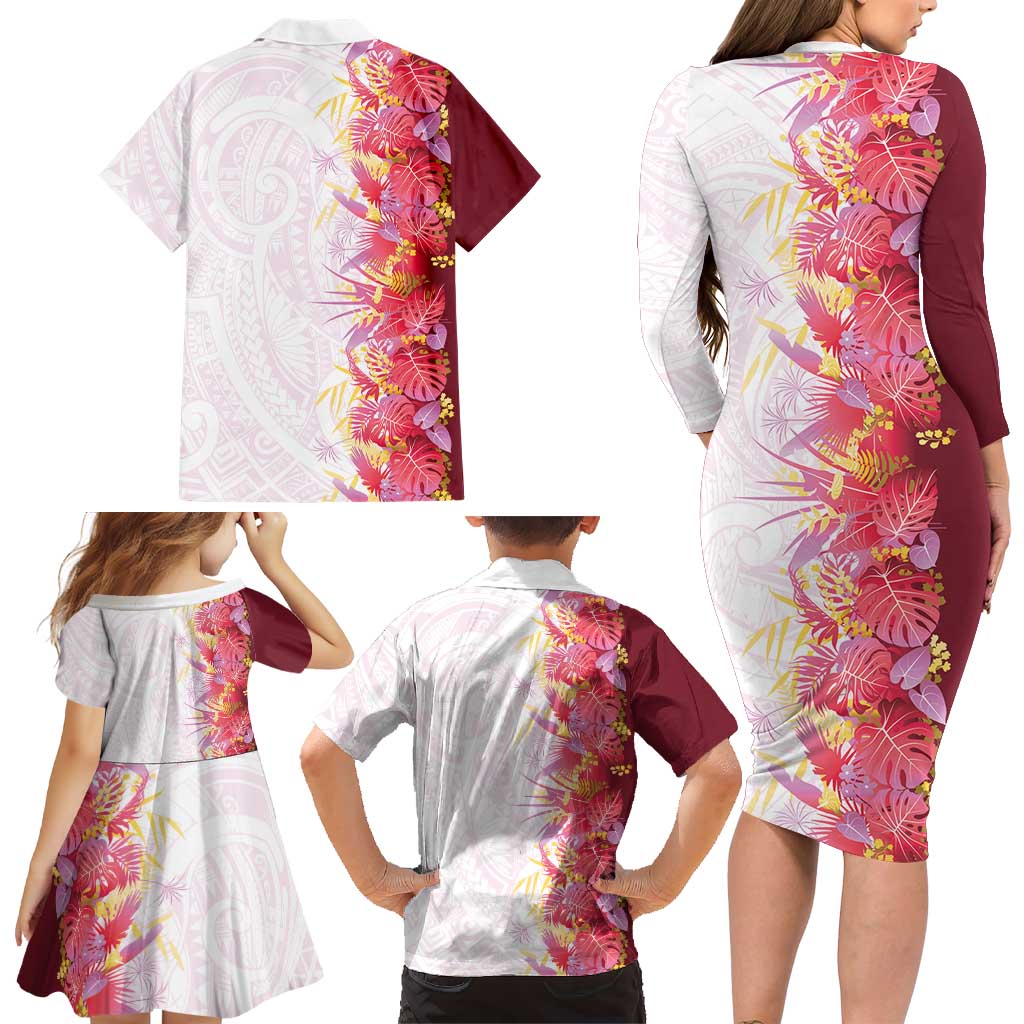 Hawaii Tropical Plant Akala Family Matching Long Sleeve Bodycon Dress and Hawaiian Shirt Vibrant Polynesian Pattern LT01 - Polynesian Pride