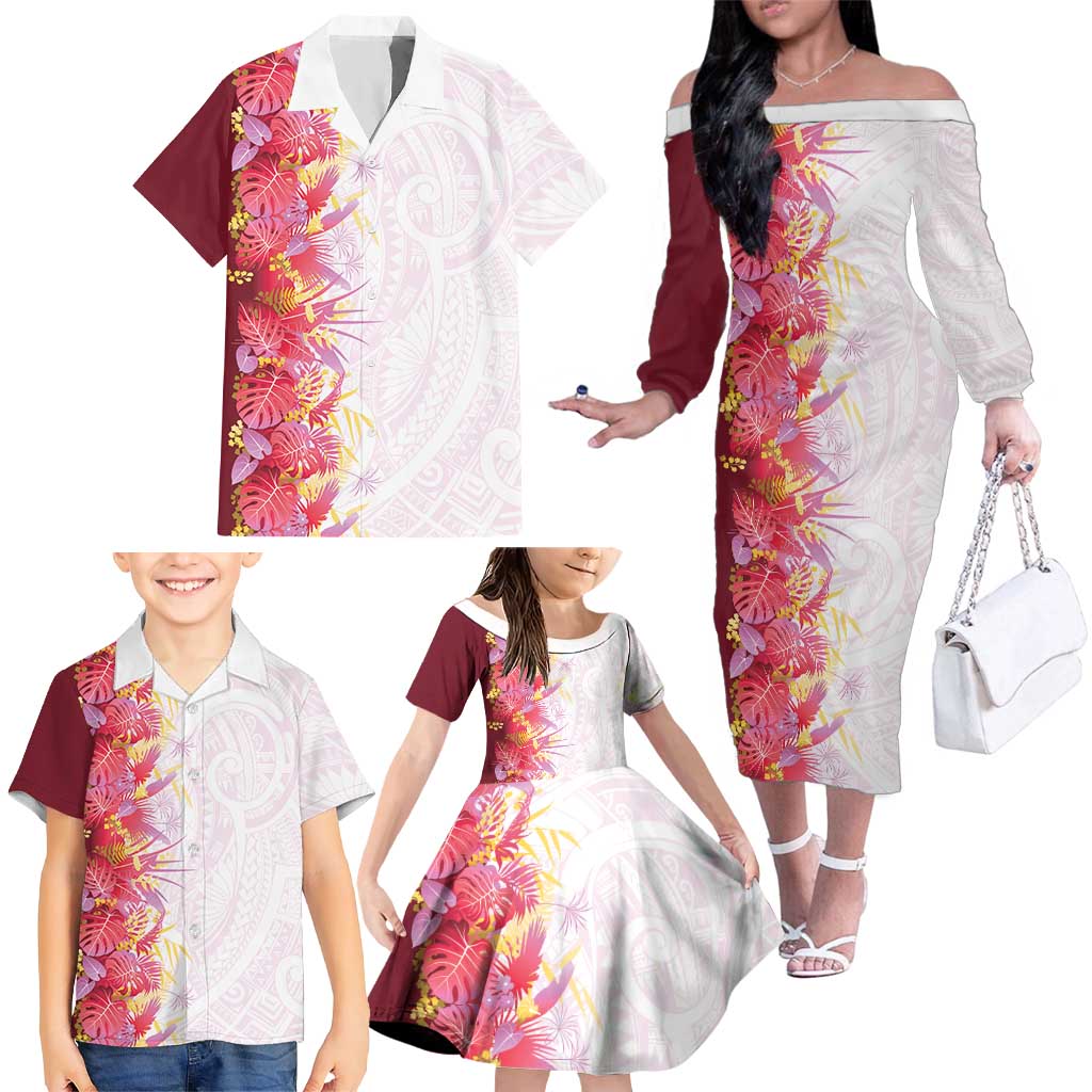 Hawaii Tropical Plant Akala Family Matching Off The Shoulder Long Sleeve Dress and Hawaiian Shirt Vibrant Polynesian Pattern LT01 - Polynesian Pride