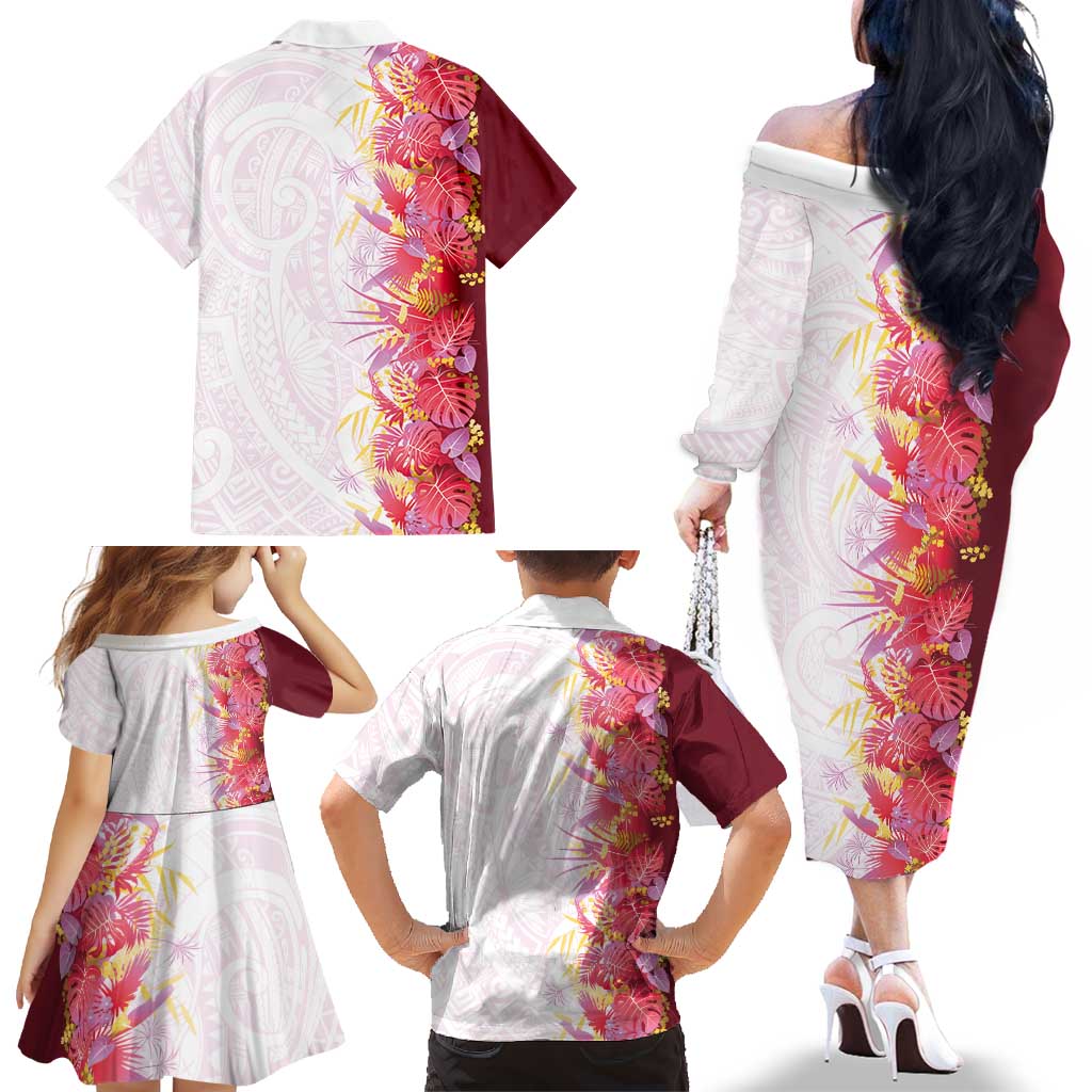 Hawaii Tropical Plant Akala Family Matching Off The Shoulder Long Sleeve Dress and Hawaiian Shirt Vibrant Polynesian Pattern LT01 - Polynesian Pride