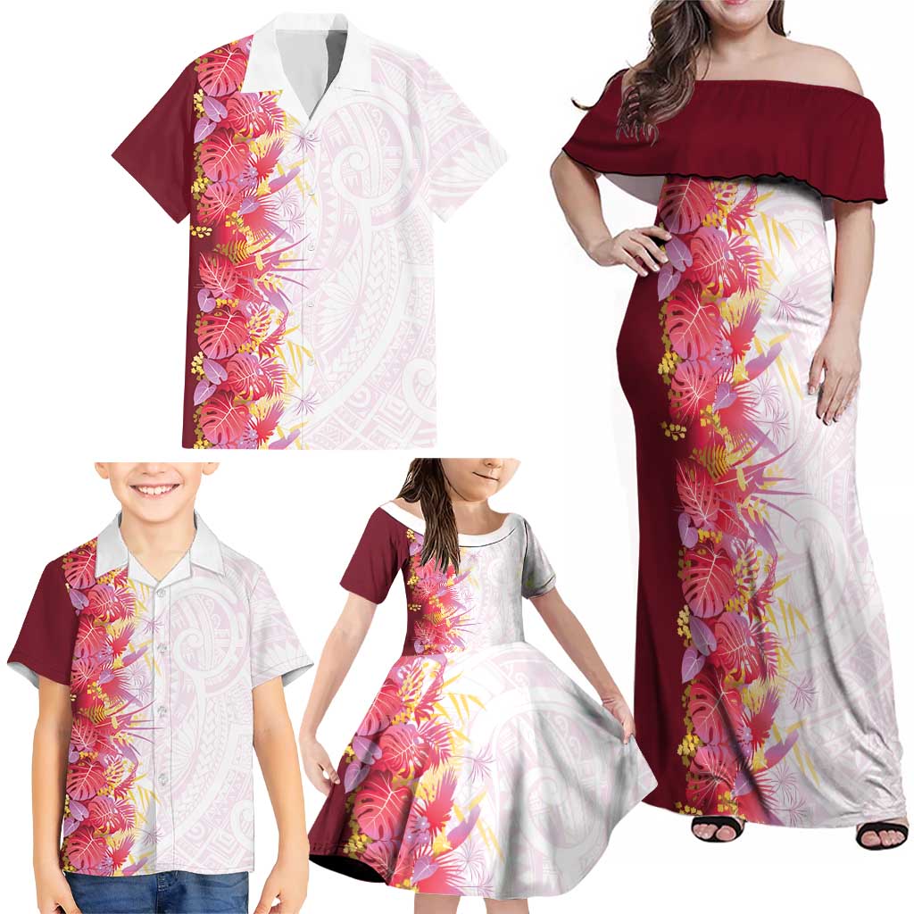 Hawaii Tropical Plant Akala Family Matching Off Shoulder Maxi Dress and Hawaiian Shirt Vibrant Polynesian Pattern LT01 - Polynesian Pride