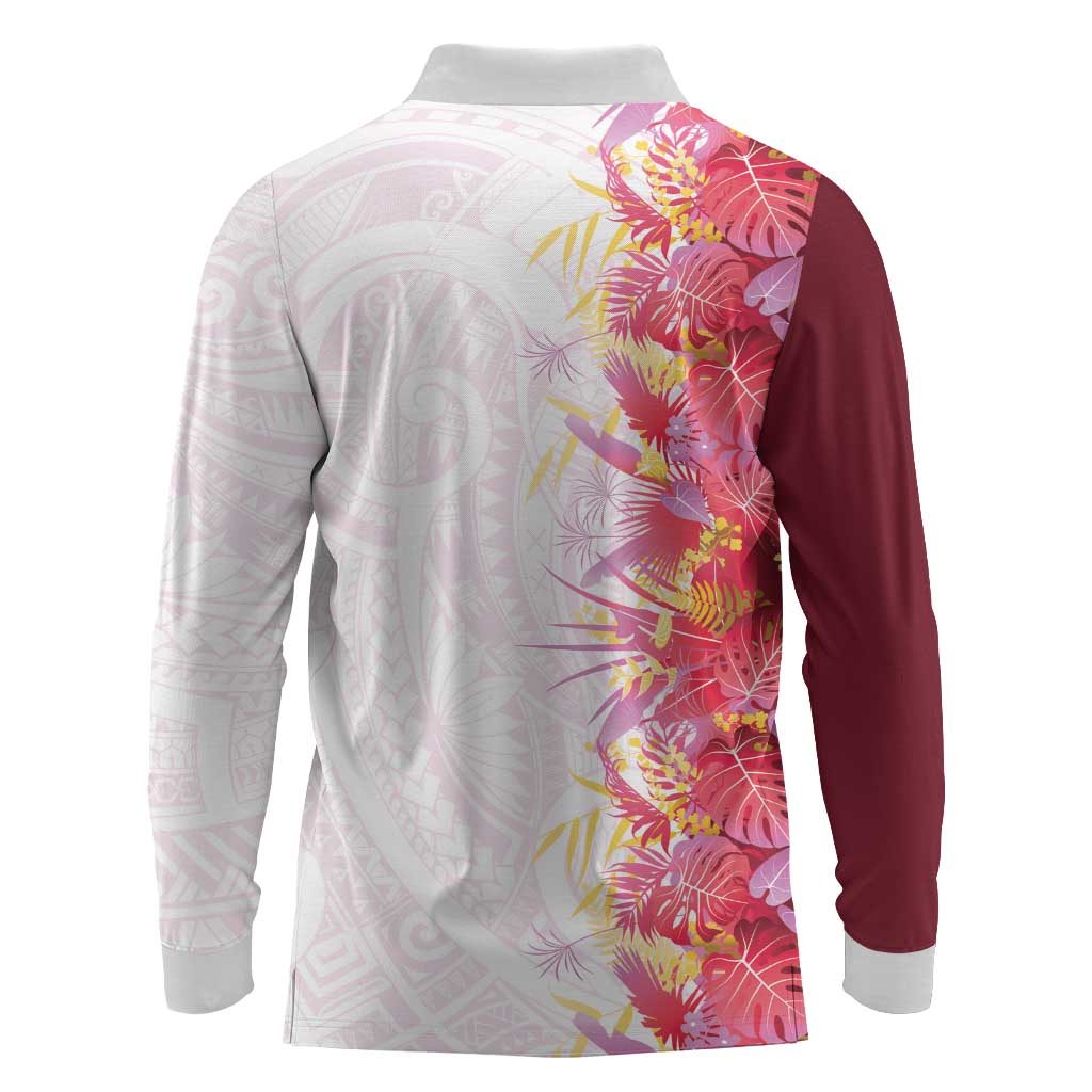 Hawaii Tropical Plant Akala Long Sleeve Polo Shirt Vibrant Polynesian Pattern