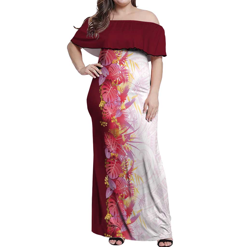 Hawaii Tropical Plant Akala Off Shoulder Maxi Dress Vibrant Polynesian Pattern LT01 Women Pink - Polynesian Pride