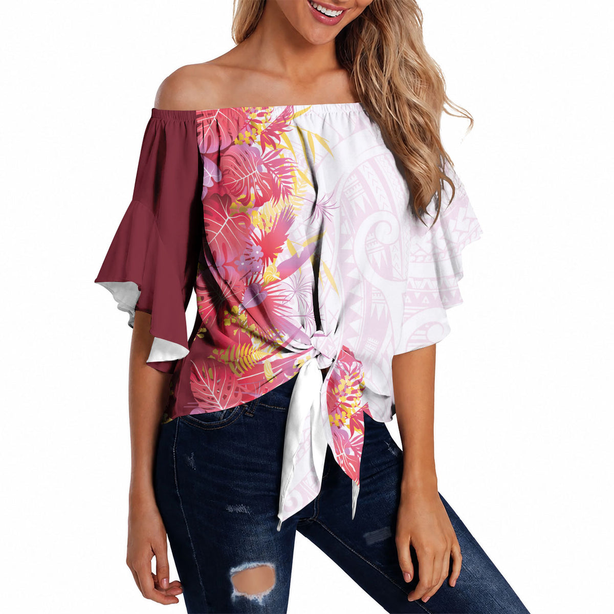 Hawaii Tropical Plant Akala Off Shoulder Wrap Waist Top Vibrant Polynesian Pattern LT01 - Polynesian Pride