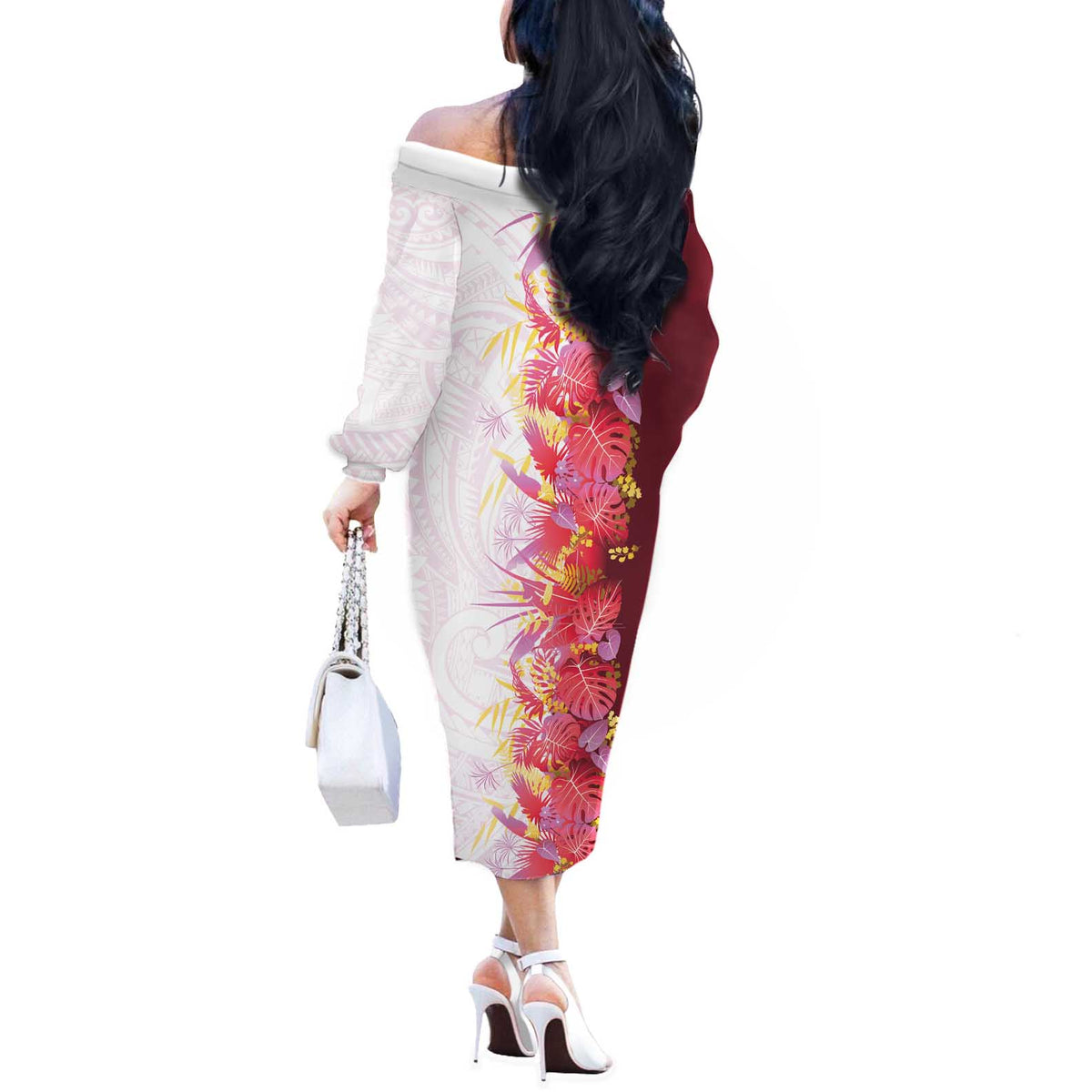 Hawaii Tropical Plant Akala Off The Shoulder Long Sleeve Dress Vibrant Polynesian Pattern