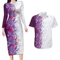 Hawaii Tropical Plant Poni Couples Matching Long Sleeve Bodycon Dress and Hawaiian Shirt Vibrant Polynesian Pattern