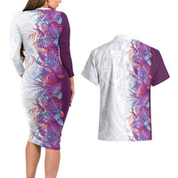 Hawaii Tropical Plant Poni Couples Matching Long Sleeve Bodycon Dress and Hawaiian Shirt Vibrant Polynesian Pattern