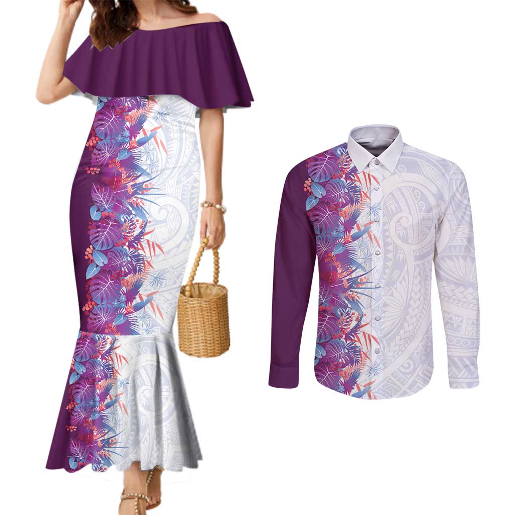 Hawaii Tropical Plant Poni Couples Matching Mermaid Dress and Long Sleeve Button Shirt Vibrant Polynesian Pattern
