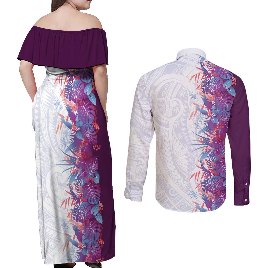 Hawaii Tropical Plant Poni Couples Matching Off Shoulder Maxi Dress and Long Sleeve Button Shirt Vibrant Polynesian Pattern