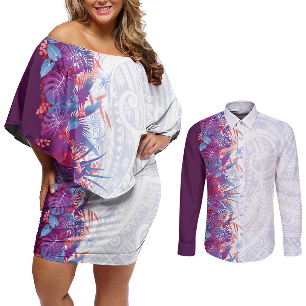 Hawaii Tropical Plant Poni Couples Matching Off Shoulder Short Dress and Long Sleeve Button Shirt Vibrant Polynesian Pattern LT01 Purple - Polynesian Pride