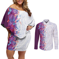 Hawaii Tropical Plant Poni Couples Matching Off Shoulder Short Dress and Long Sleeve Button Shirt Vibrant Polynesian Pattern LT01 Purple - Polynesian Pride