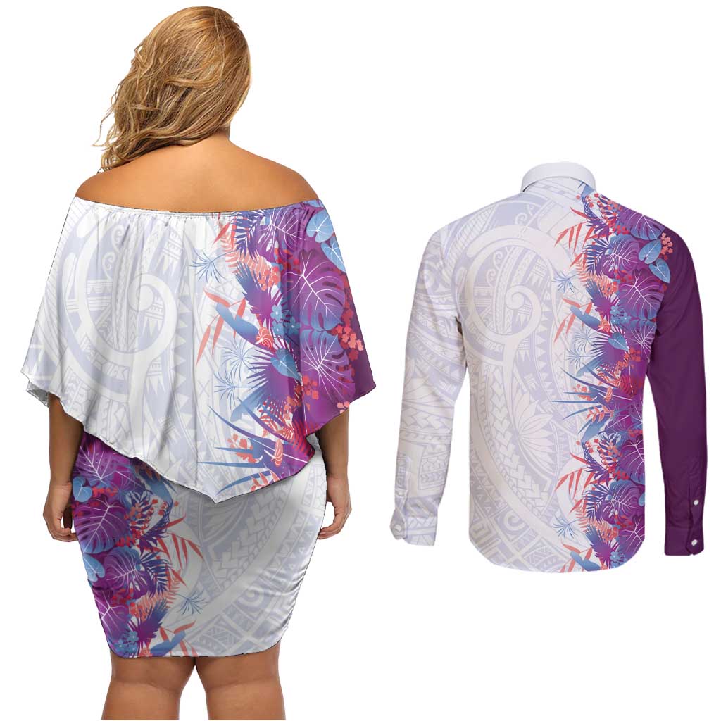 Hawaii Tropical Plant Poni Couples Matching Off Shoulder Short Dress and Long Sleeve Button Shirt Vibrant Polynesian Pattern LT01 - Polynesian Pride
