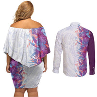 Hawaii Tropical Plant Poni Couples Matching Off Shoulder Short Dress and Long Sleeve Button Shirt Vibrant Polynesian Pattern LT01 - Polynesian Pride