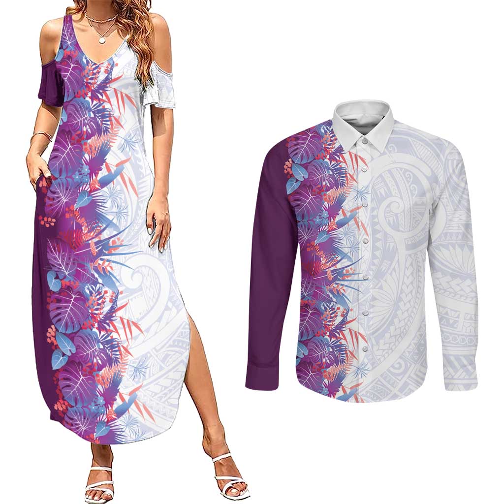 Hawaii Tropical Plant Poni Couples Matching Summer Maxi Dress and Long Sleeve Button Shirt Vibrant Polynesian Pattern