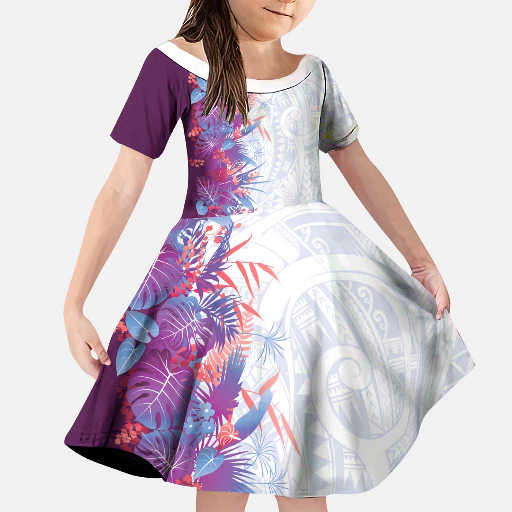 Hawaii Tropical Plant Poni Family Matching Off The Shoulder Long Sleeve Dress and Hawaiian Shirt Vibrant Polynesian Pattern LT01 Daughter's Dress Purple - Polynesian Pride