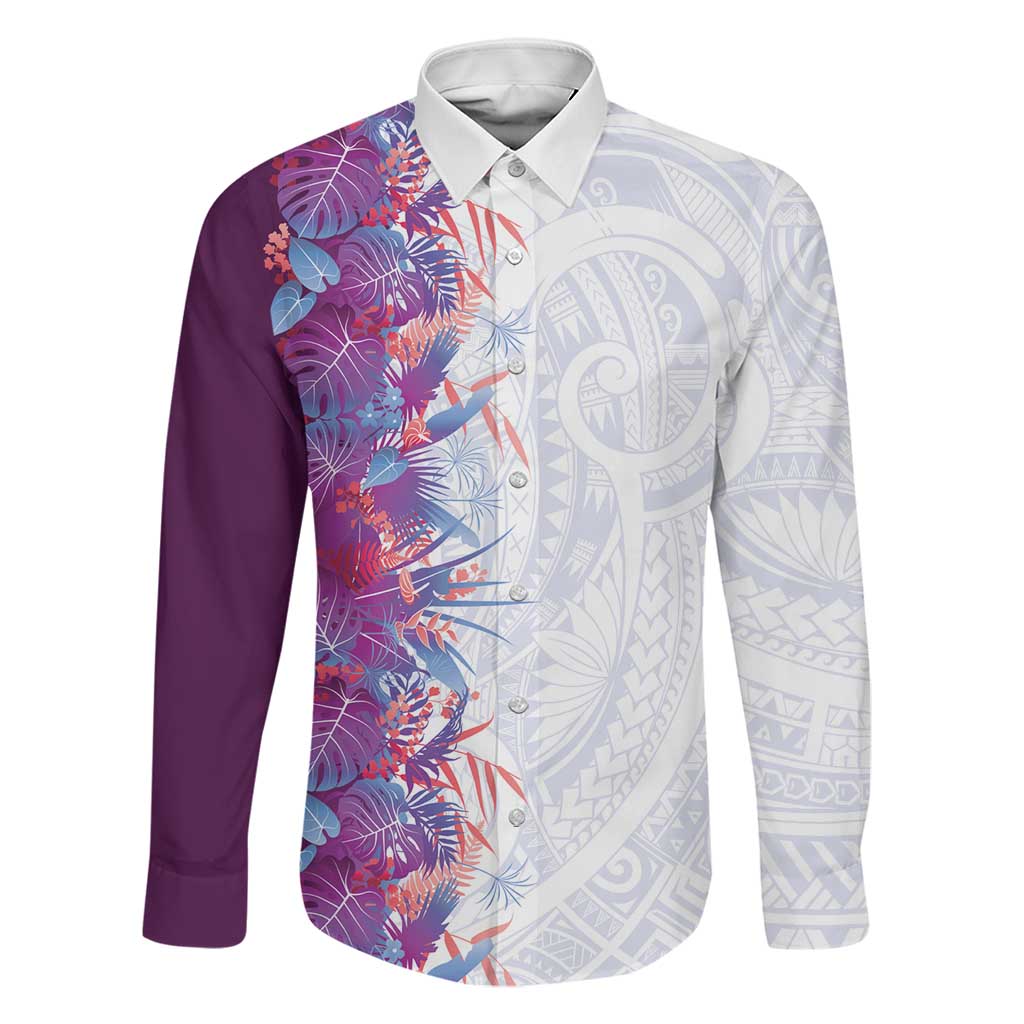 Hawaii Tropical Plant Poni Family Matching Off The Shoulder Long Sleeve Dress and Hawaiian Shirt Vibrant Polynesian Pattern LT01 Dad's Shirt - Long Sleeve Purple - Polynesian Pride