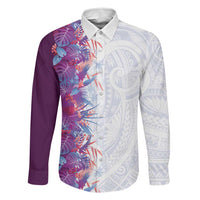 Hawaii Tropical Plant Poni Family Matching Off Shoulder Maxi Dress and Hawaiian Shirt Vibrant Polynesian Pattern LT01 Dad's Shirt - Long Sleeve Purple - Polynesian Pride