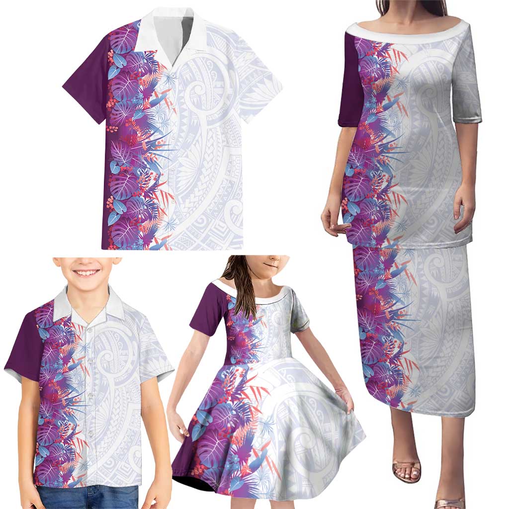 Hawaii Tropical Plant Poni Family Matching Puletasi and Hawaiian Shirt Vibrant Polynesian Pattern