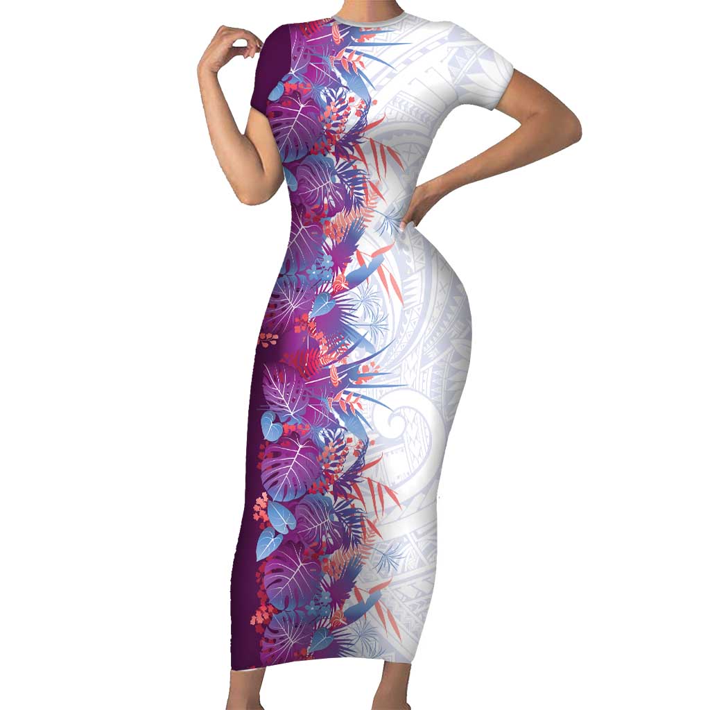 Hawaii Tropical Plant Poni Family Matching Short Sleeve Bodycon Dress and Hawaiian Shirt Vibrant Polynesian Pattern LT01 Mom's Dress Purple - Polynesian Pride