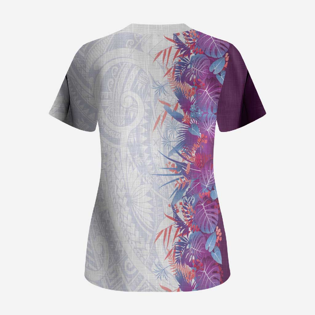 Hawaii Tropical Plant Poni Scrub Top Vibrant Polynesian Pattern