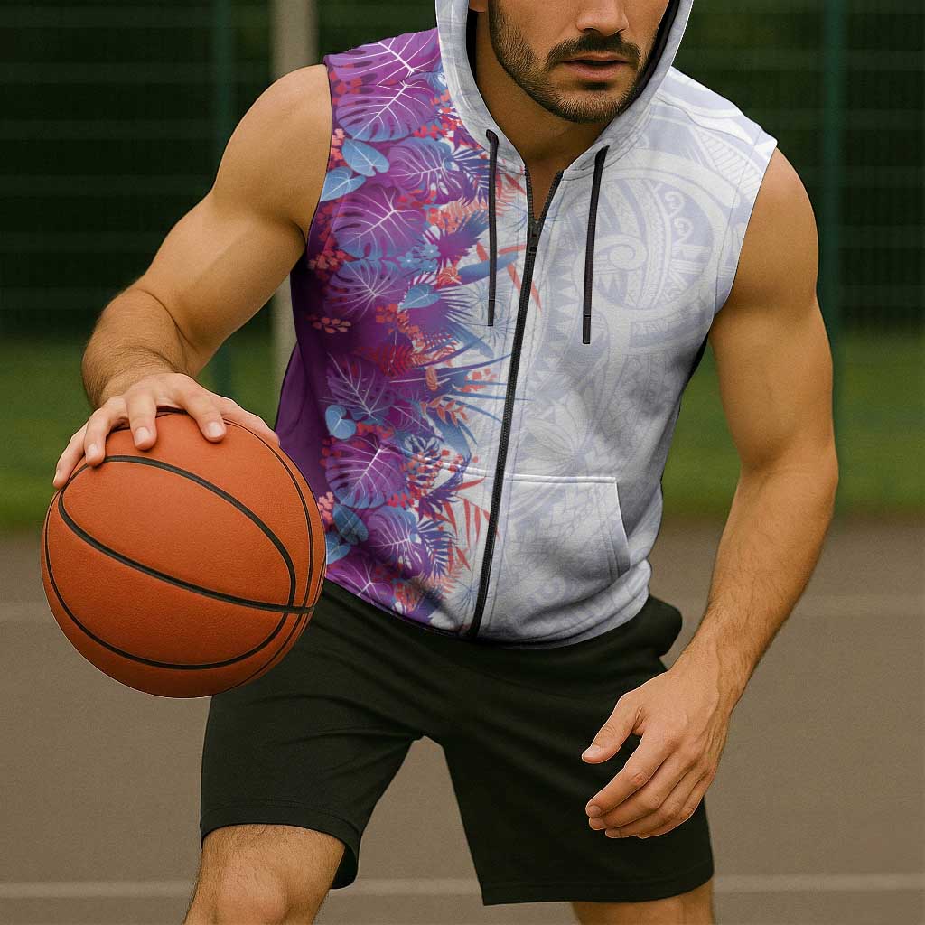 Hawaii Tropical Plant Poni Sleeveless Zip Hoodie Vibrant Polynesian Pattern