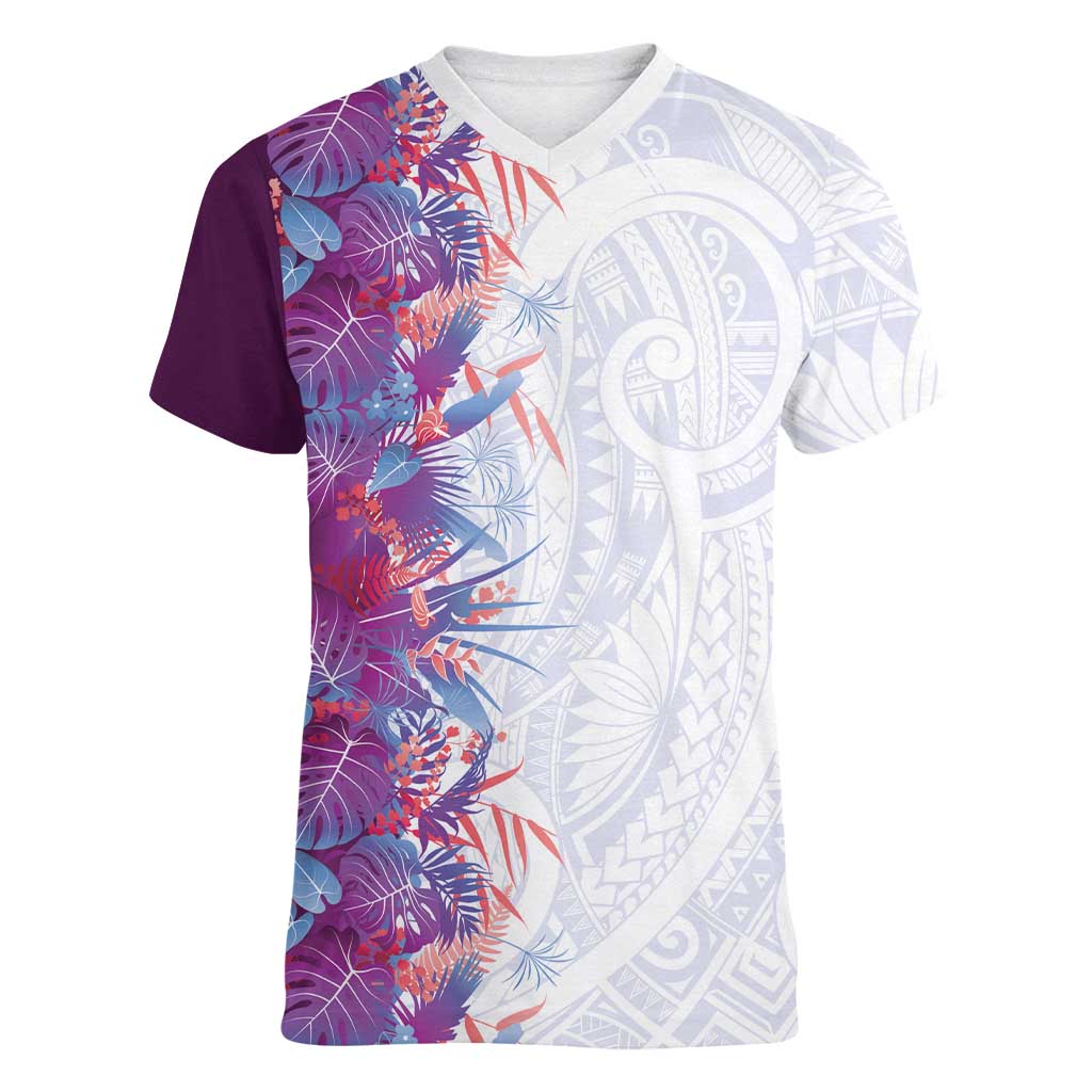 Hawaii Tropical Plant Poni Women V-Neck T-Shirt Vibrant Polynesian Pattern