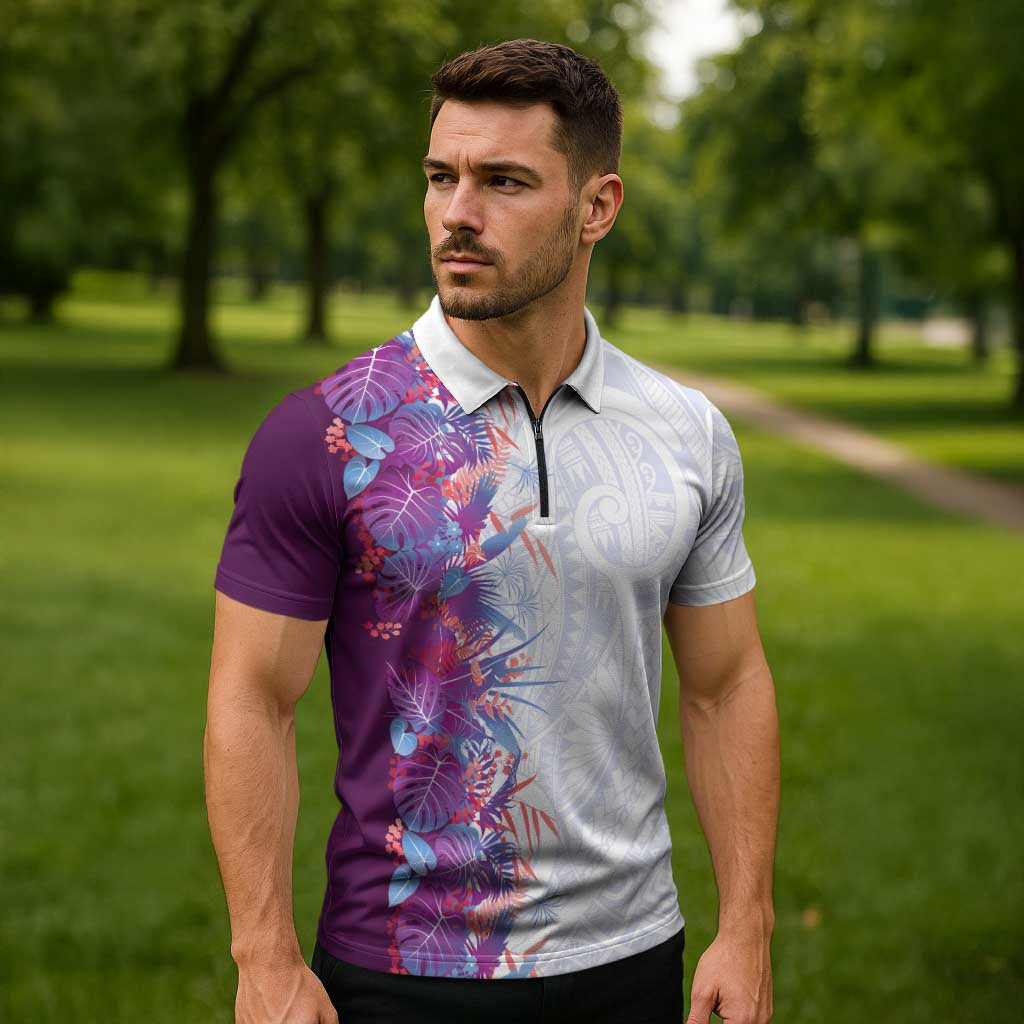 Hawaii Tropical Plant Poni Zipper Polo Shirt Vibrant Polynesian Pattern