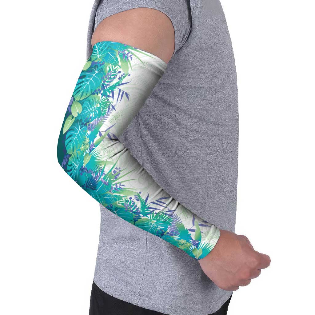 Hawaii Tropical Plant Teal Arm Sleeves Vibrant Polynesian Pattern