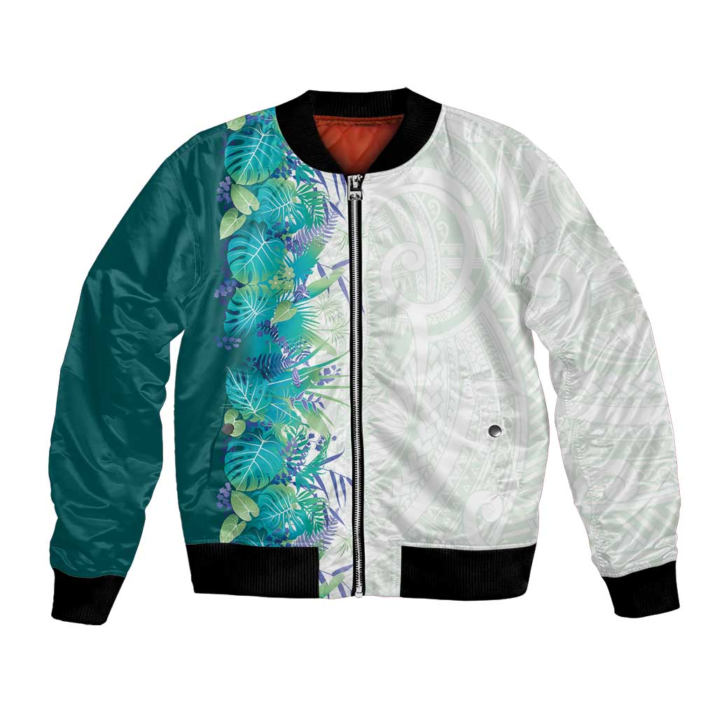 Hawaii Tropical Plant Teal Bomber Jacket Vibrant Polynesian Pattern