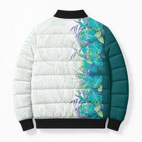 Hawaii Tropical Plant Teal Bomber Puffer Jacket Vibrant Polynesian Pattern