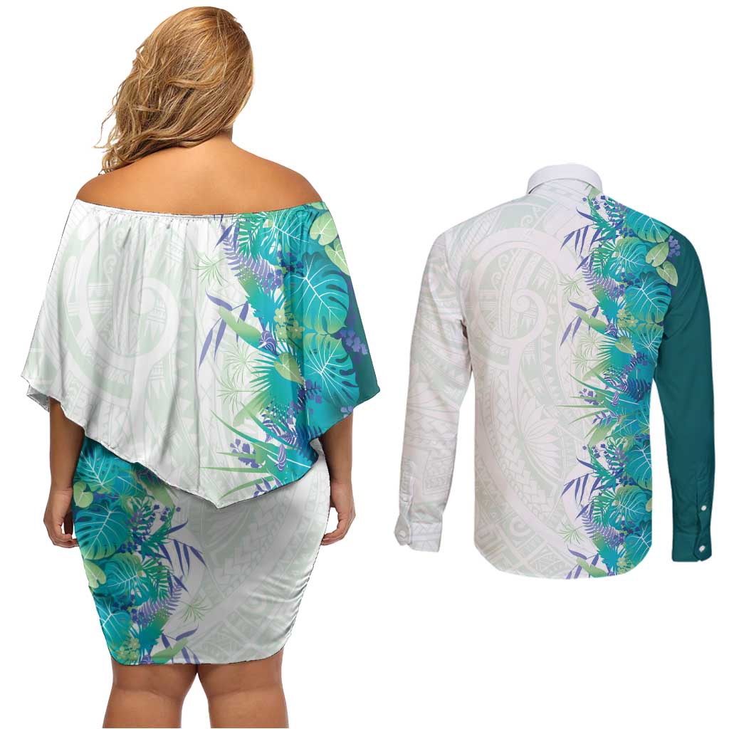 Hawaii Tropical Plant Teal Couples Matching Off Shoulder Short Dress and Long Sleeve Button Shirt Vibrant Polynesian Pattern