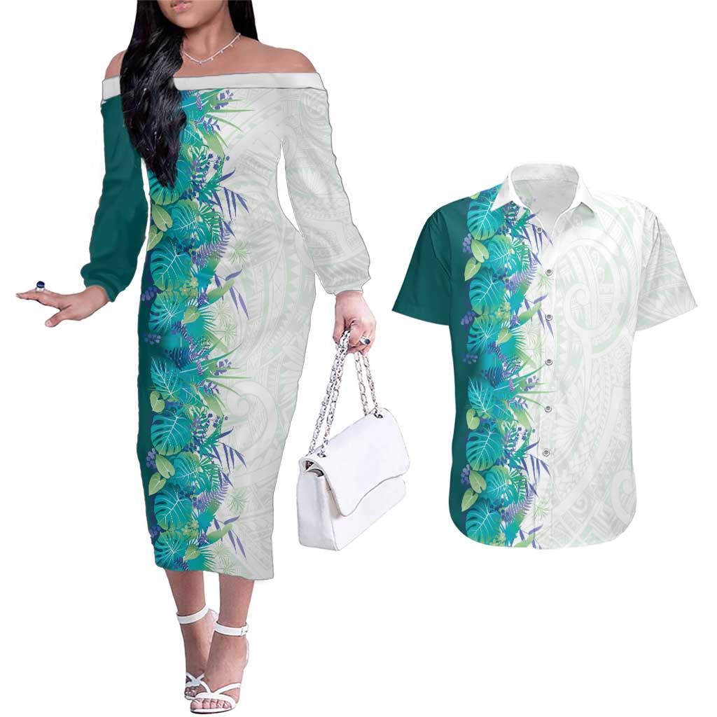 Hawaii Tropical Plant Teal Couples Matching Off The Shoulder Long Sleeve Dress and Hawaiian Shirt Vibrant Polynesian Pattern LT01 Teal - Polynesian Pride