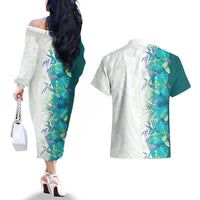 Hawaii Tropical Plant Teal Couples Matching Off The Shoulder Long Sleeve Dress and Hawaiian Shirt Vibrant Polynesian Pattern LT01 - Polynesian Pride