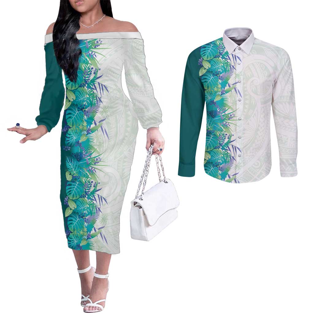 Hawaii Tropical Plant Teal Couples Matching Off The Shoulder Long Sleeve Dress and Long Sleeve Button Shirt Vibrant Polynesian Pattern