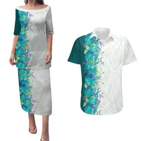 Hawaii Tropical Plant Teal Couples Matching Puletasi and Hawaiian Shirt Vibrant Polynesian Pattern