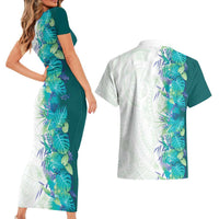 Hawaii Tropical Plant Teal Couples Matching Short Sleeve Bodycon Dress and Hawaiian Shirt Vibrant Polynesian Pattern LT01 - Polynesian Pride