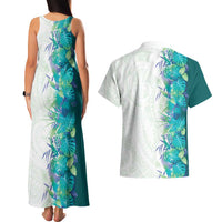 Hawaii Tropical Plant Teal Couples Matching Tank Maxi Dress and Hawaiian Shirt Vibrant Polynesian Pattern