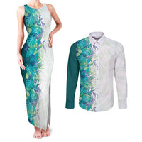 Hawaii Tropical Plant Teal Couples Matching Tank Maxi Dress and Long Sleeve Button Shirt Vibrant Polynesian Pattern LT01 Teal - Polynesian Pride