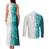 Hawaii Tropical Plant Teal Couples Matching Tank Maxi Dress and Long Sleeve Button Shirt Vibrant Polynesian Pattern LT01 - Polynesian Pride
