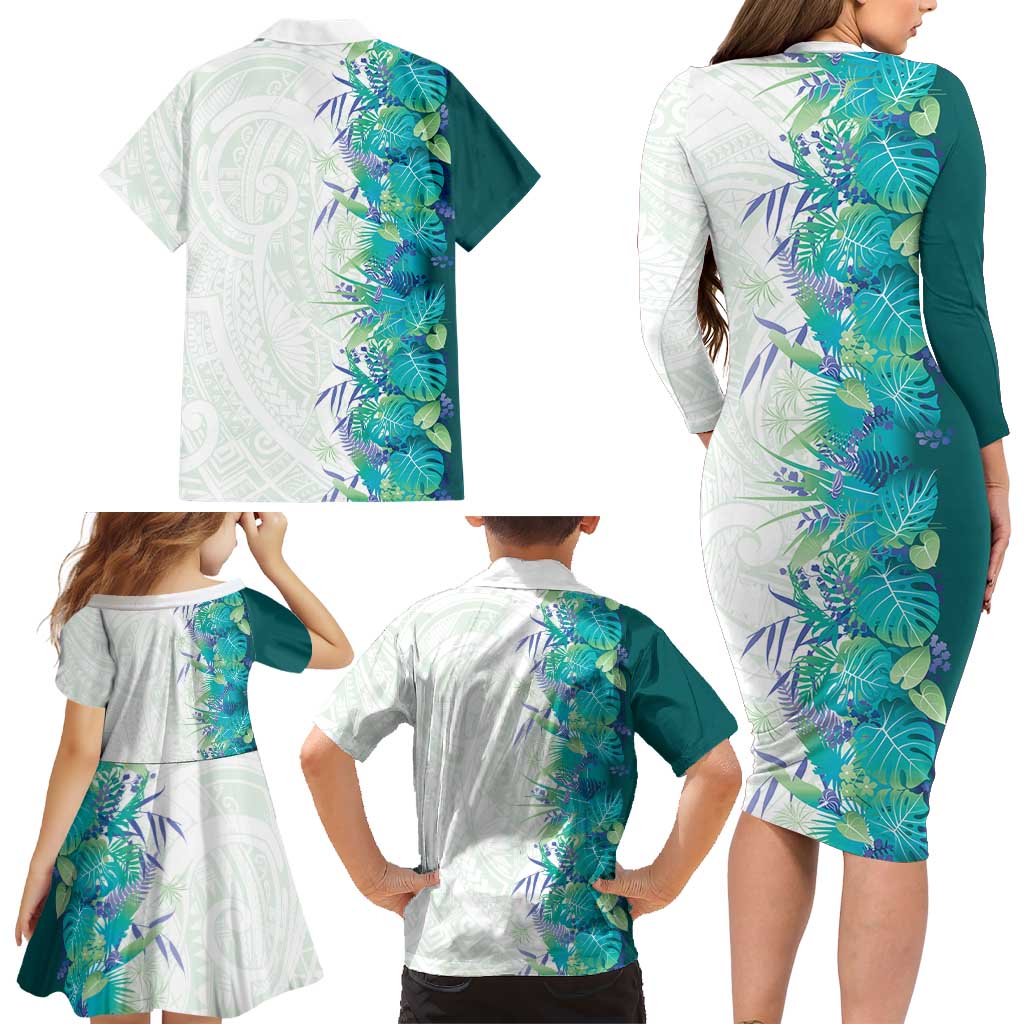 Hawaii Tropical Plant Teal Family Matching Long Sleeve Bodycon Dress and Hawaiian Shirt Vibrant Polynesian Pattern LT01 - Polynesian Pride