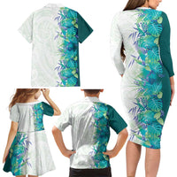 Hawaii Tropical Plant Teal Family Matching Long Sleeve Bodycon Dress and Hawaiian Shirt Vibrant Polynesian Pattern LT01 - Polynesian Pride