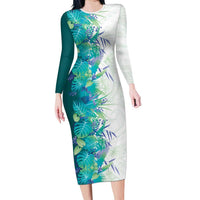 Hawaii Tropical Plant Teal Family Matching Long Sleeve Bodycon Dress and Hawaiian Shirt Vibrant Polynesian Pattern LT01 Mom's Dress Teal - Polynesian Pride