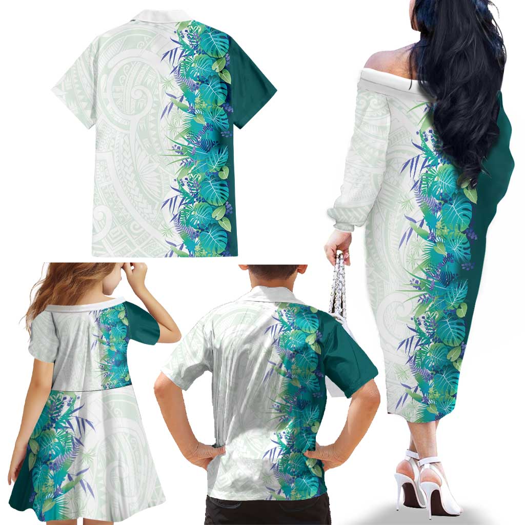 Hawaii Tropical Plant Teal Family Matching Off The Shoulder Long Sleeve Dress and Hawaiian Shirt Vibrant Polynesian Pattern LT01 - Polynesian Pride