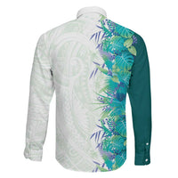 Hawaii Tropical Plant Teal Family Matching Off The Shoulder Long Sleeve Dress and Hawaiian Shirt Vibrant Polynesian Pattern LT01 - Polynesian Pride