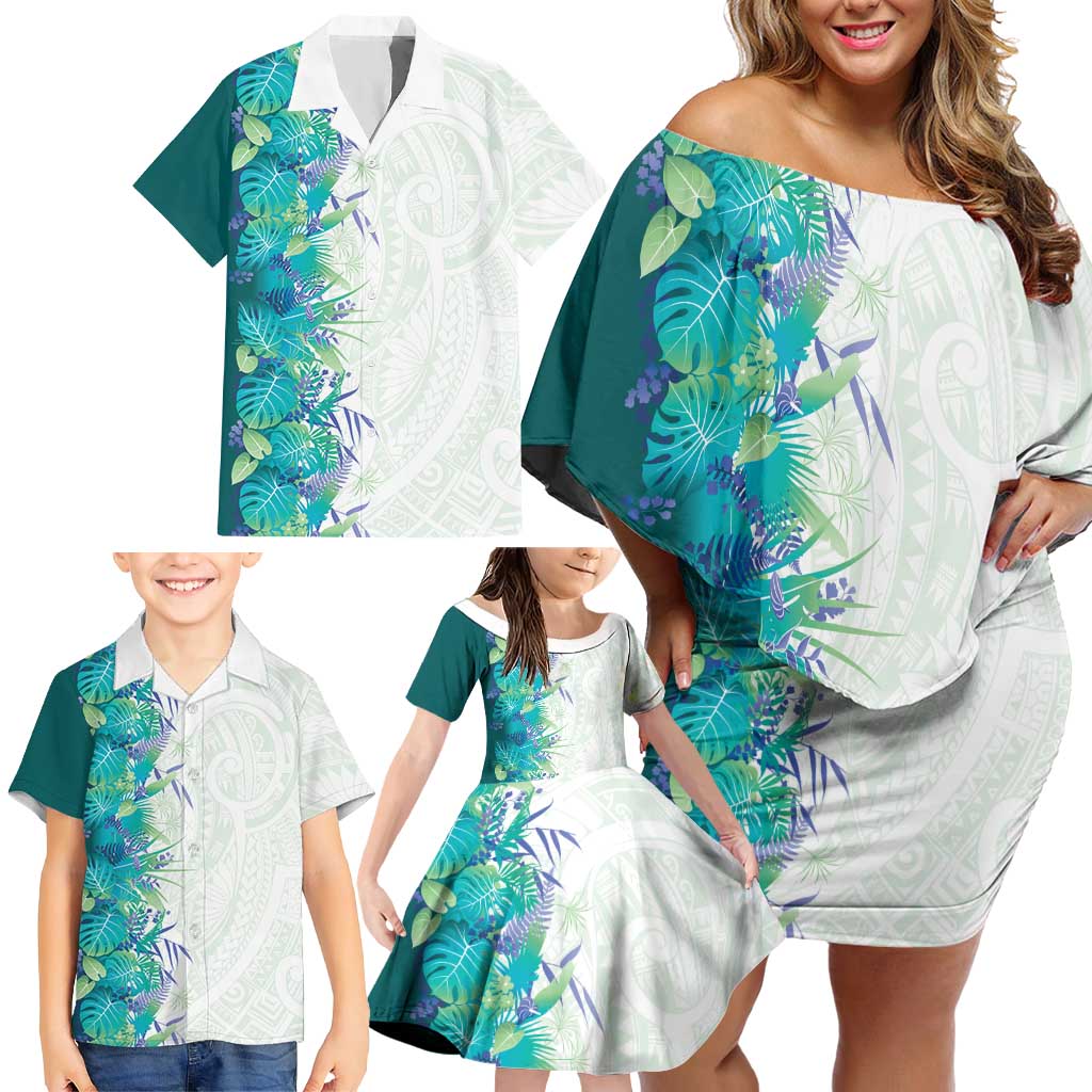 Hawaii Tropical Plant Teal Family Matching Off Shoulder Short Dress and Hawaiian Shirt Vibrant Polynesian Pattern