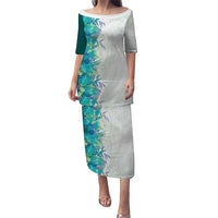 Hawaii Tropical Plant Teal Family Matching Puletasi and Hawaiian Shirt Vibrant Polynesian Pattern