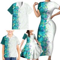 Hawaii Tropical Plant Teal Family Matching Short Sleeve Bodycon Dress and Hawaiian Shirt Vibrant Polynesian Pattern LT01 - Polynesian Pride
